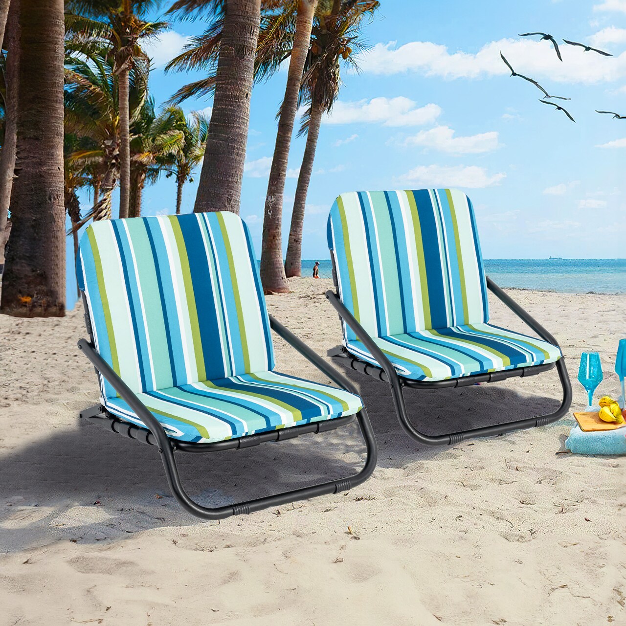 2 Pack Low Folding Beach Chairs for Adults with Cushion-Blue - 26" x 20" x 18"